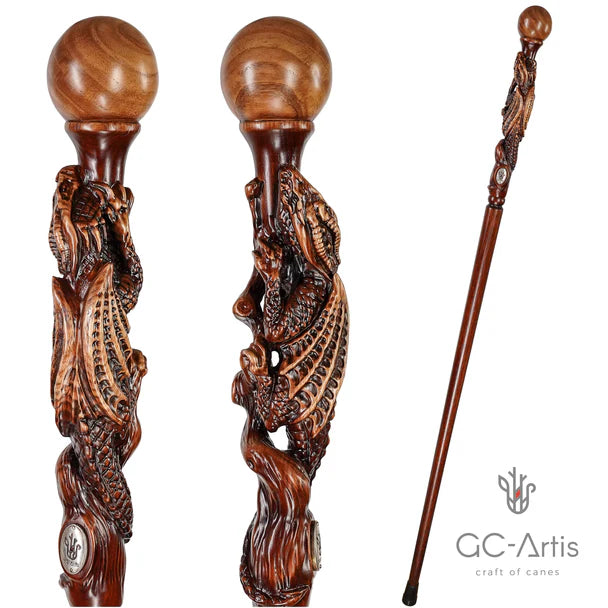 The Dragon Staff - Dark Wood Walking Staff Master-Carved Dragon Walking Staff