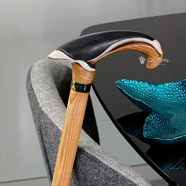 Masterpiece Hand-Carved Blue Whale Painted Walking Cane