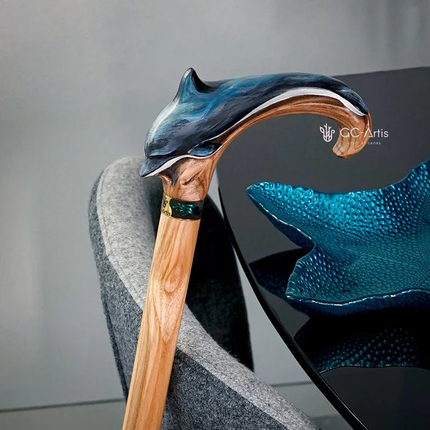 Masterpiece  Hand-Carved Dolphin Painted Walking Cane