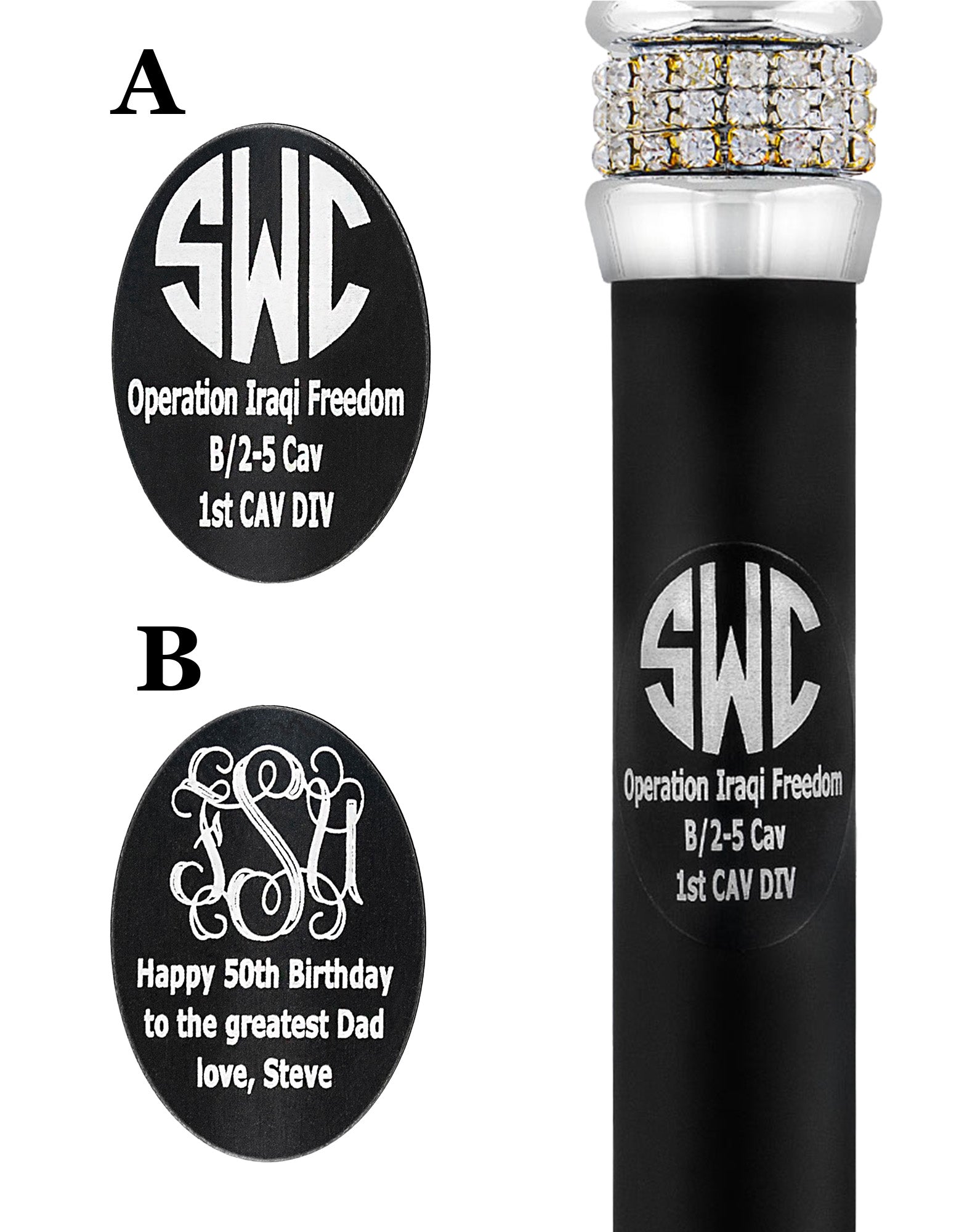 Custom Cane Engraving - Oval Black Anodized Aluminum