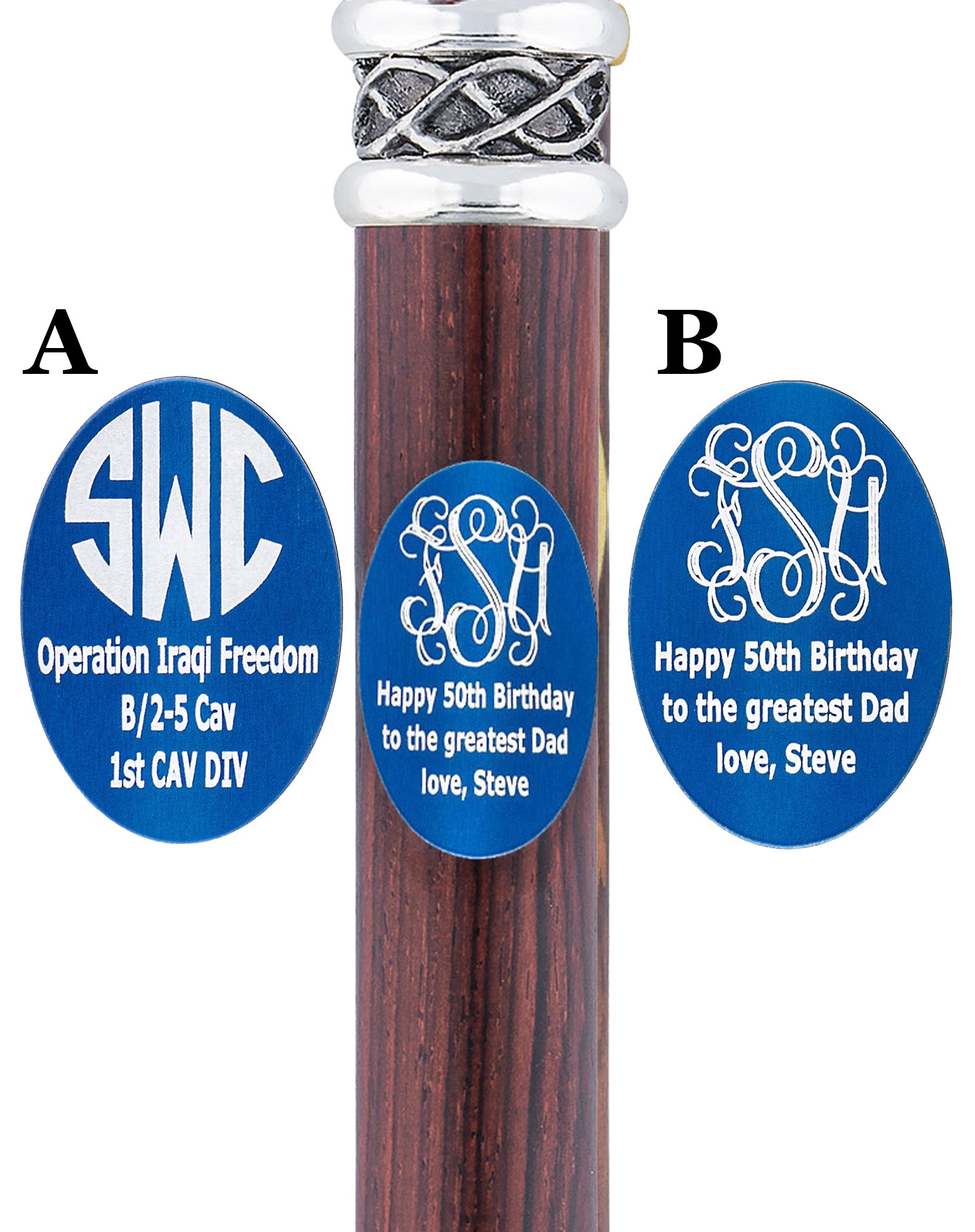 Custom Cane Engraving - Oval Blue Anodized Aluminum