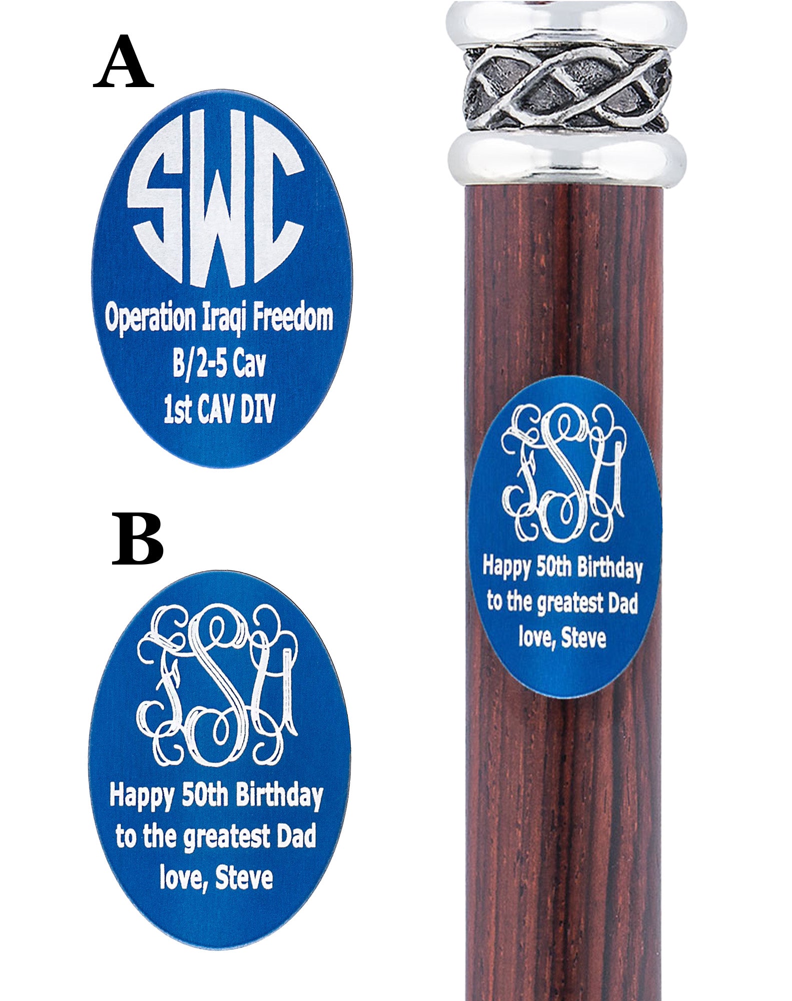 Custom Cane Engraving - Oval Blue Anodized Aluminum