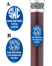Custom Cane Engraving - Oval Blue Anodized Aluminum