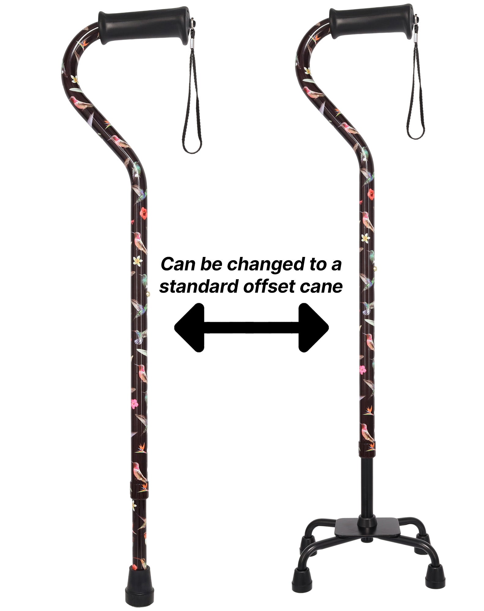 Flight of the Hummingbird Aluminum Convertible Quad Base Walking Cane - Adjustable Shaft