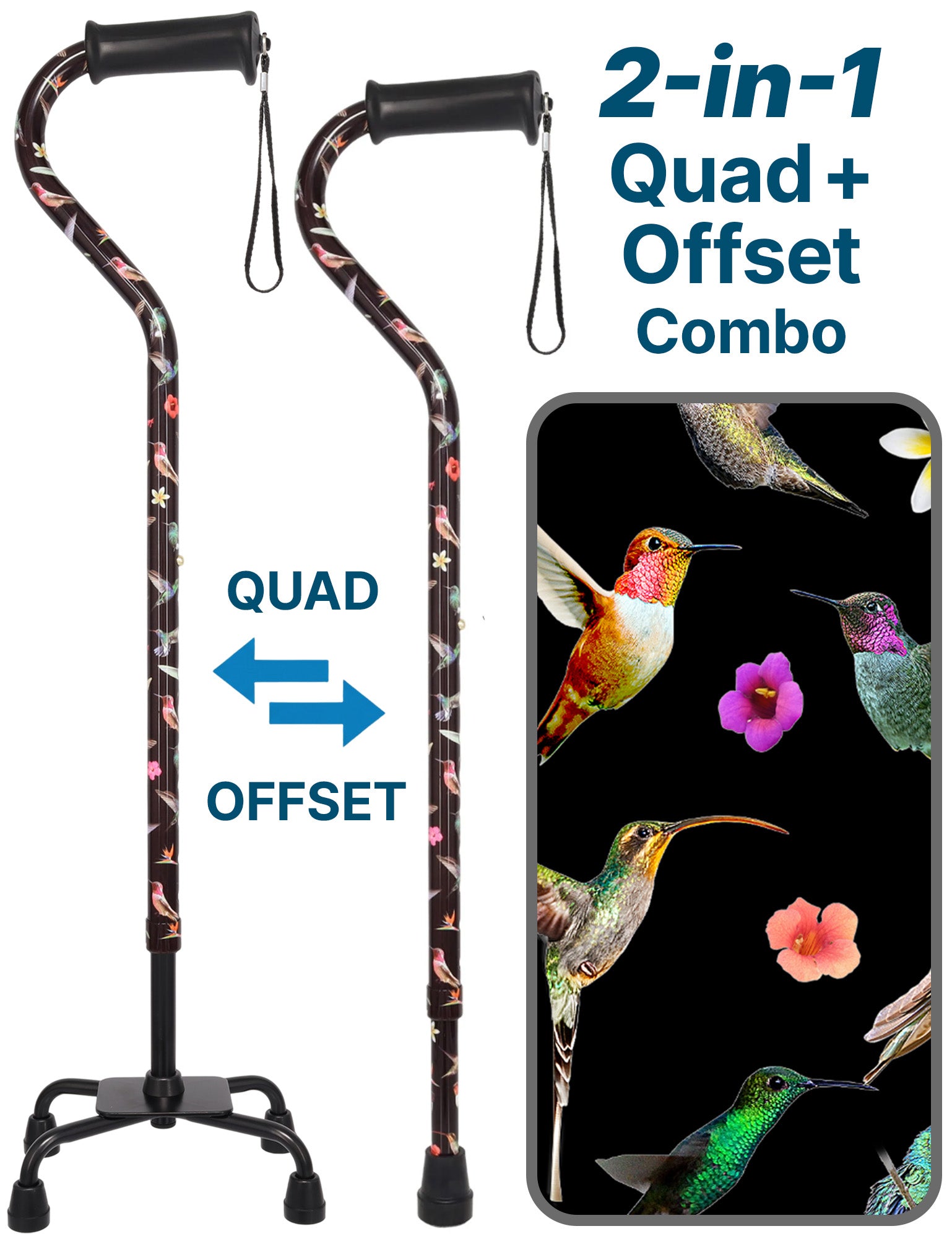 Flight of the Hummingbird Aluminum Convertible Quad Base Walking Cane - Adjustable Shaft