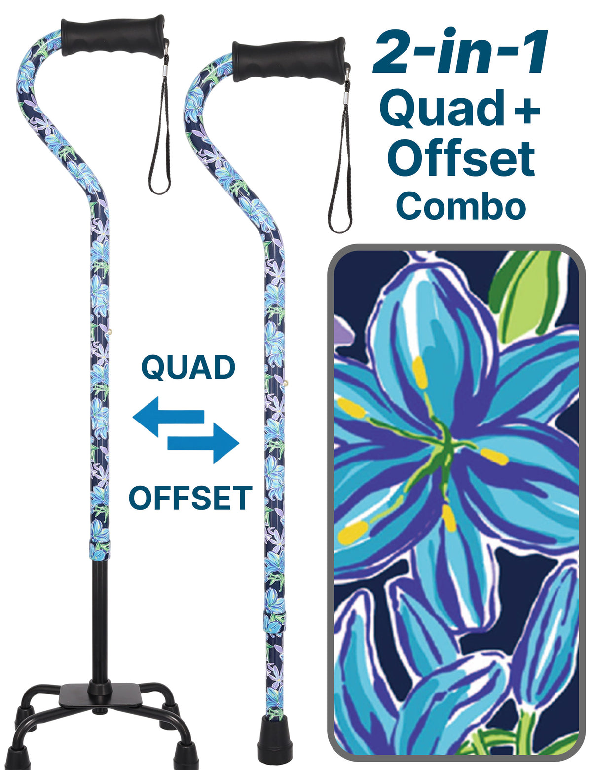 Dark Blue Vivienne May Convertible Quad Base Walking Cane with Comfort Grip - Adjustable Shaft