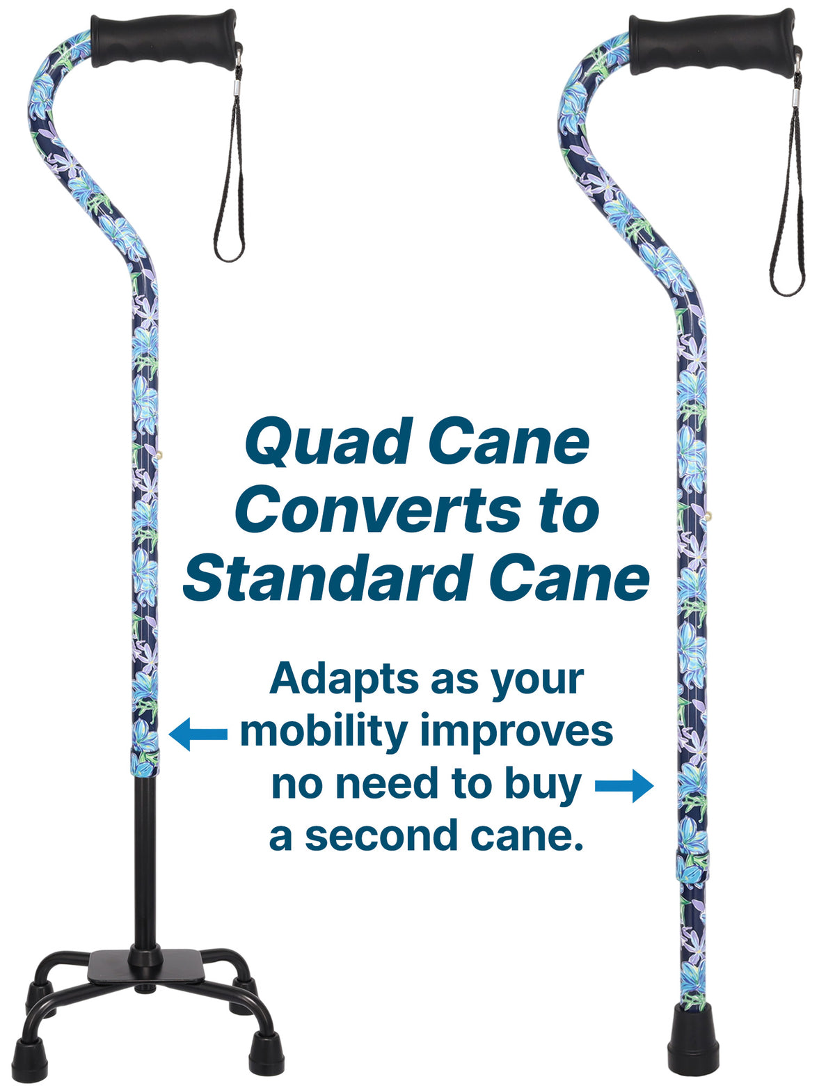 Dark Blue Vivienne May Convertible Quad Base Walking Cane with Comfort Grip - Adjustable Shaft