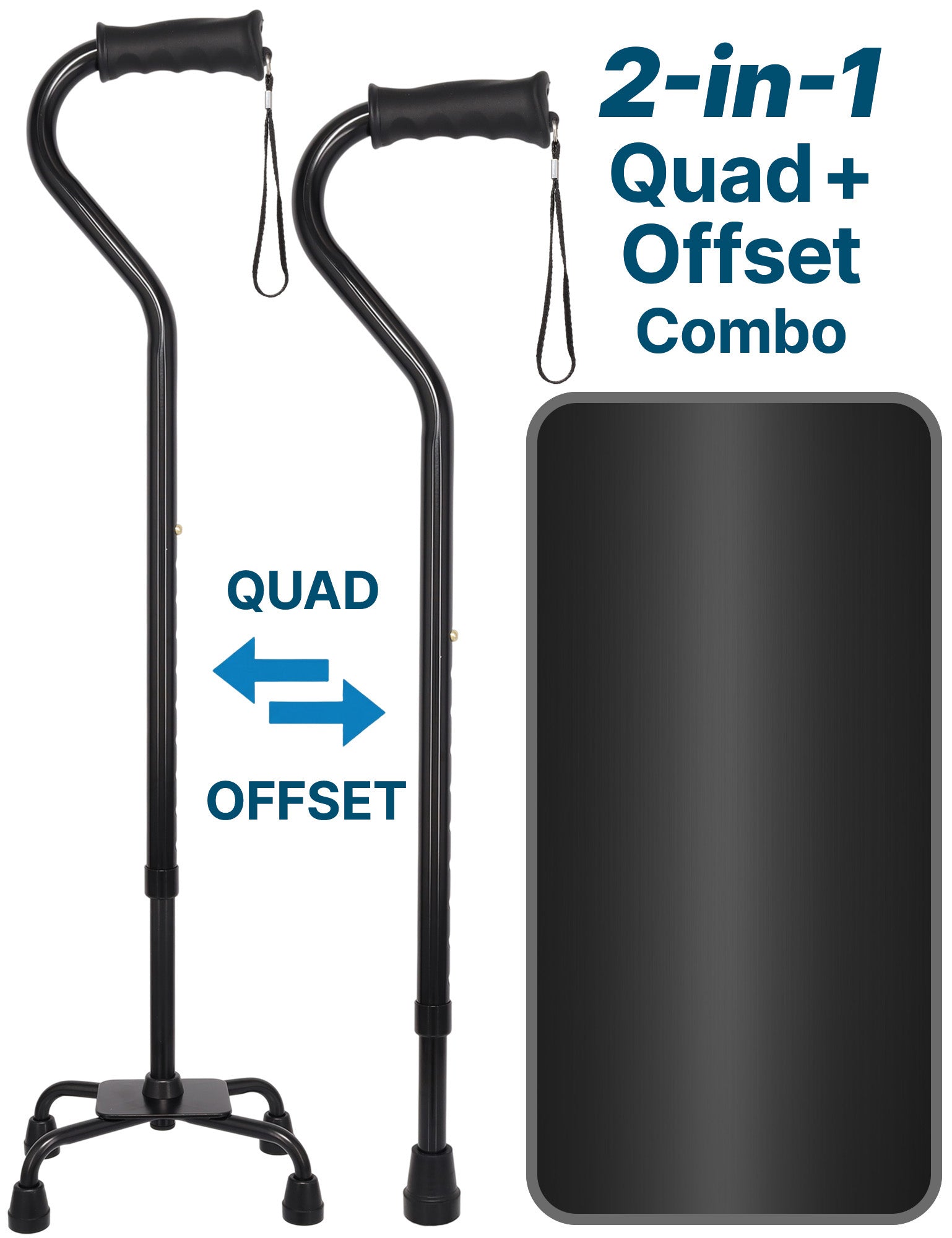 Black Aluminum Convertible Quad Base Walking Cane - Adjustable Shaft