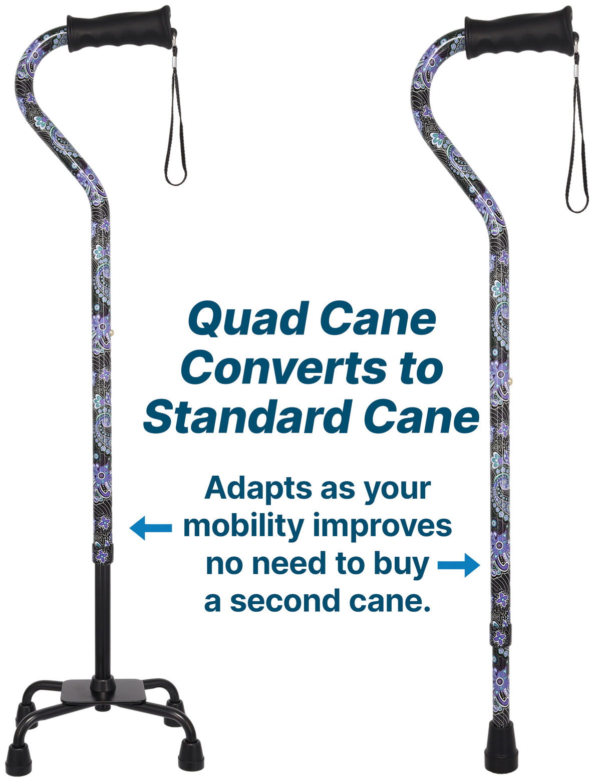 Purple Majesty Aluminum Convertible Quad Base Walking Cane - Adjustable Shaft