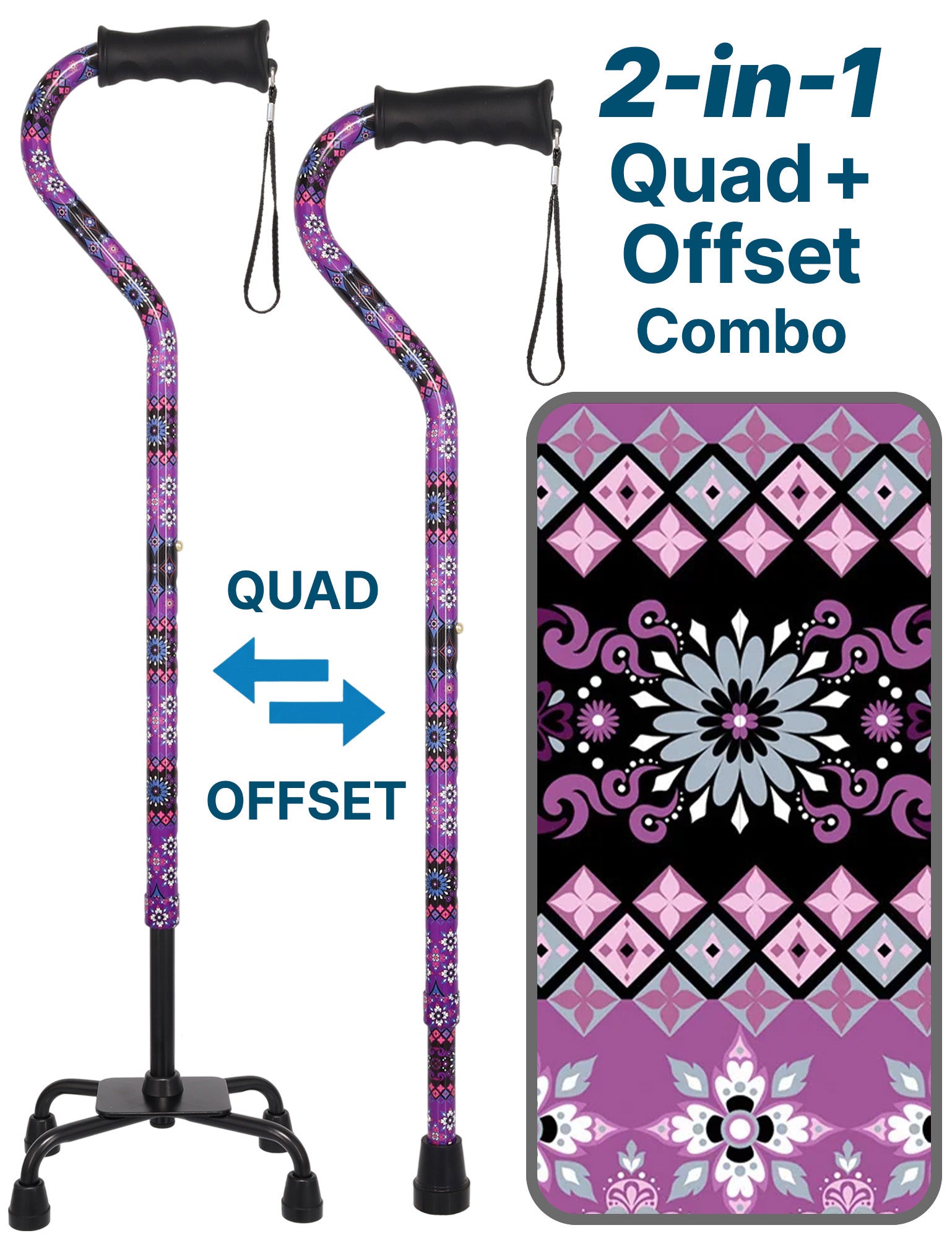 Pretty Purple Aluminum Convertible Quad Base Walking Cane - Adjustable Shaft