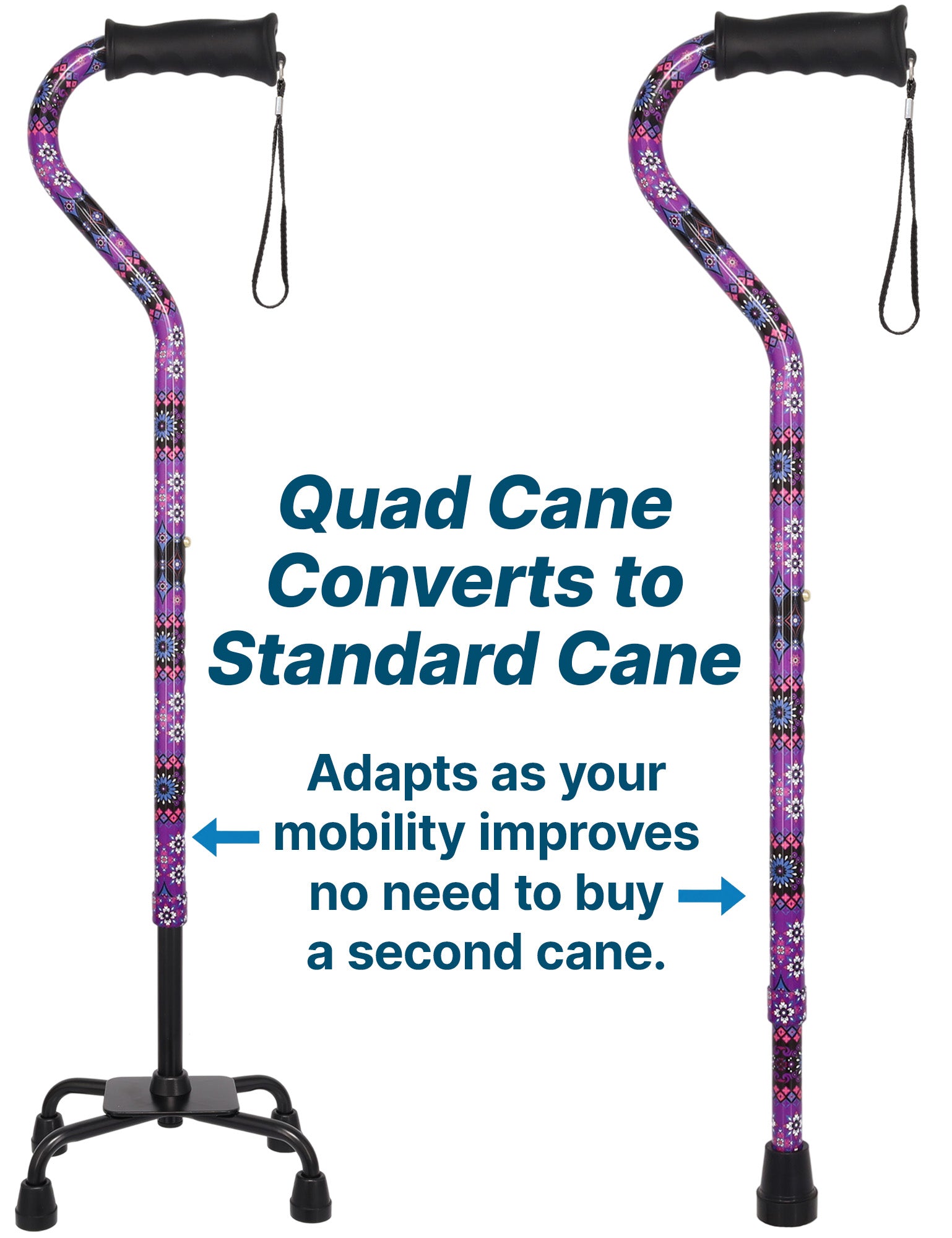 Pretty Purple Aluminum Convertible Quad Base Walking Cane - Adjustable Shaft