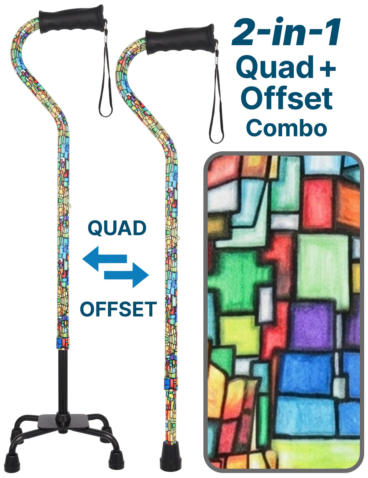 Mosaic Stained: Supportive Quad Base Cane - Comfort Grip