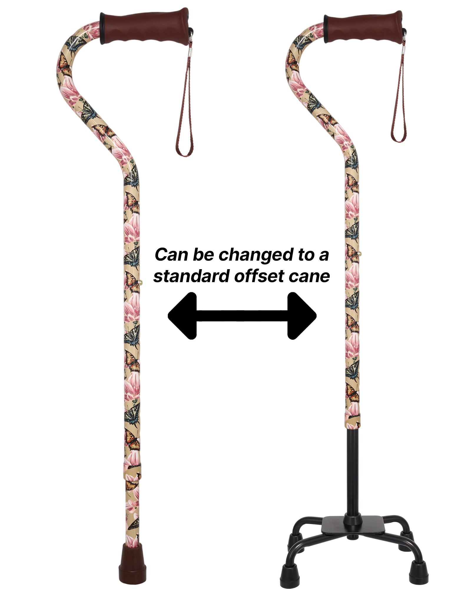 Lily and Butterfly Aluminum Convertible Quad Walking Cane with Comfort Grip - Adjustable Shaft