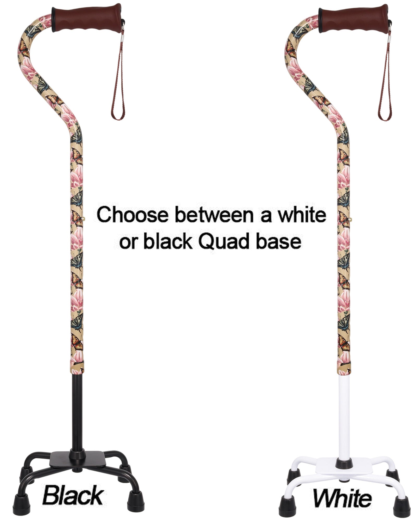 Lily and Butterfly Aluminum Convertible Quad Walking Cane with Comfort Grip - Adjustable Shaft