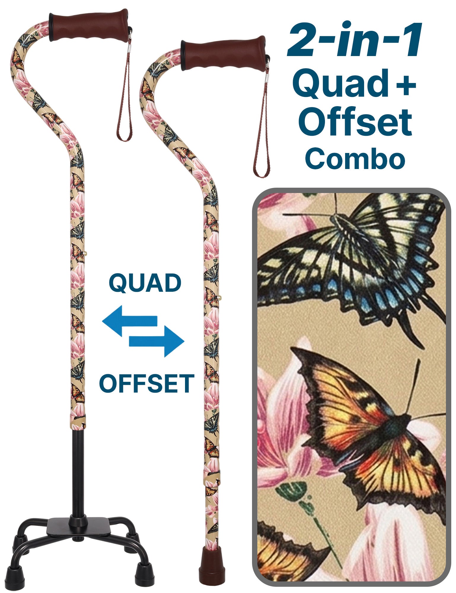 Lily and Butterfly Aluminum Convertible Quad Walking Cane with Comfort Grip - Adjustable Shaft