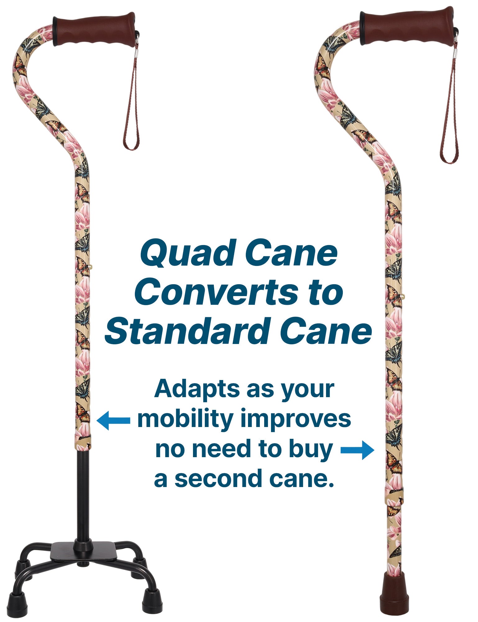 Lily and Butterfly Aluminum Convertible Quad Walking Cane with Comfort Grip - Adjustable Shaft