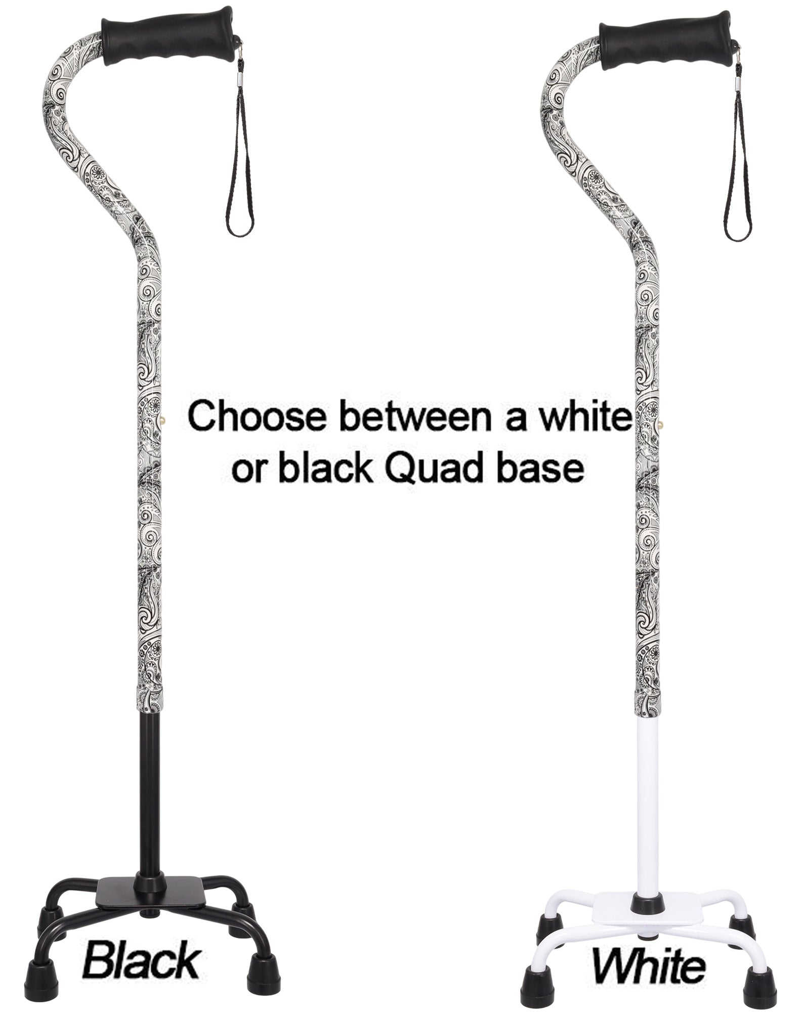 Black and White Convertible Quad Base Walking Cane with Comfort Grip - Adjustable Shaft