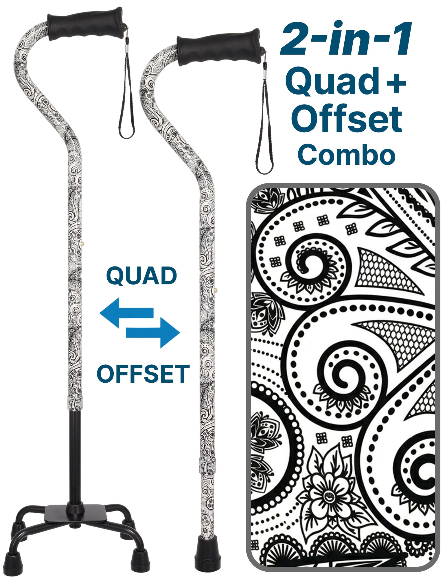 Black and White Convertible Quad Base Walking Cane with Comfort Grip - Adjustable Shaft