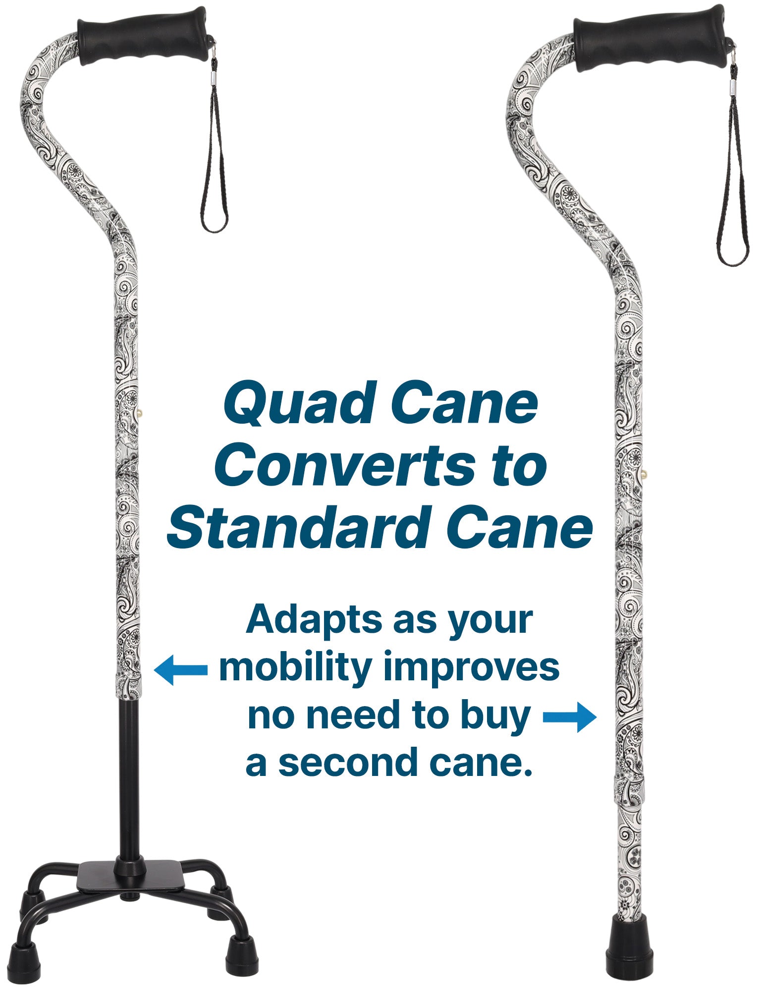 Black and White Convertible Quad Base Walking Cane with Comfort Grip - Adjustable Shaft
