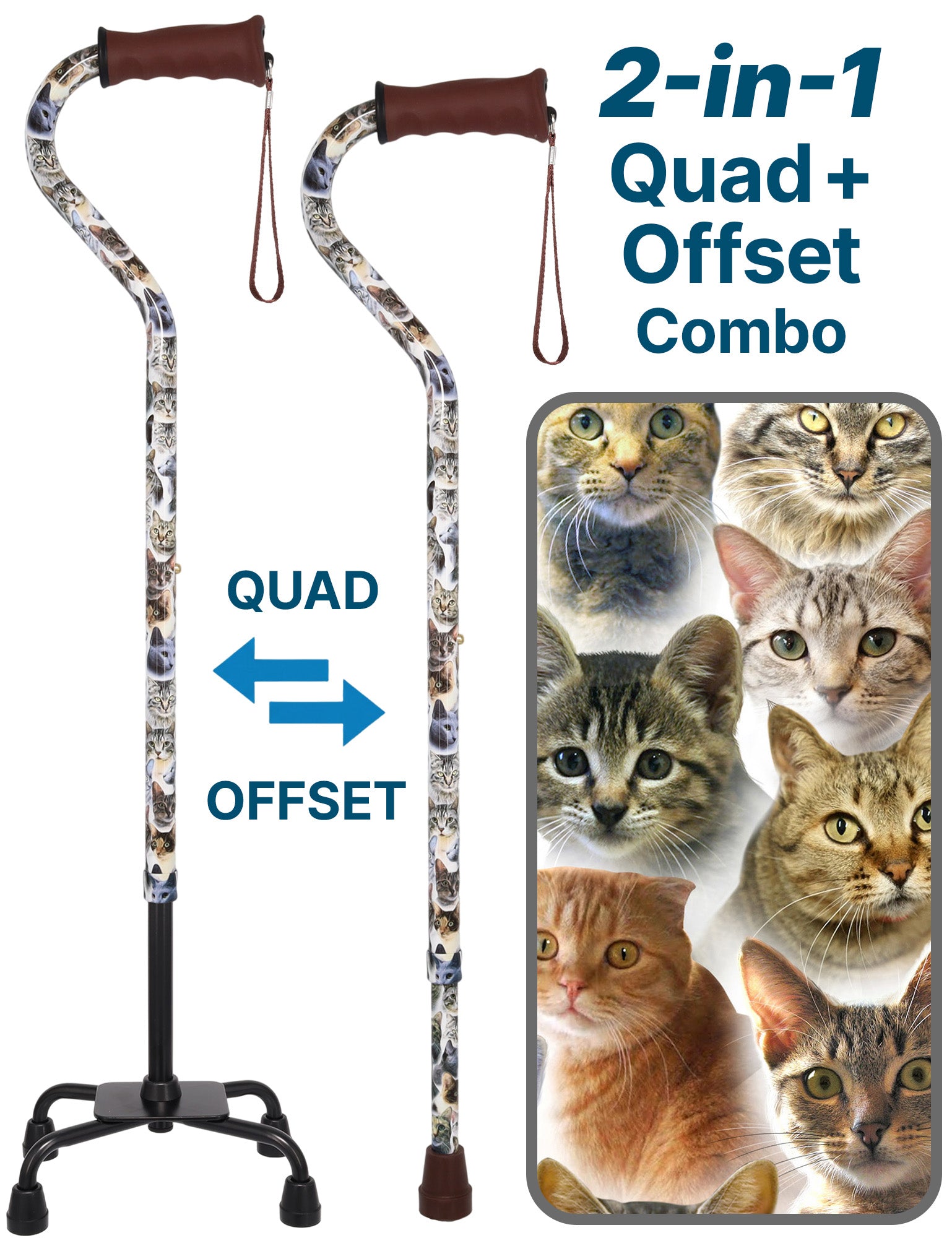 Cat Lovers: Supportive Designer Quad Base Cane - Comfort Grip