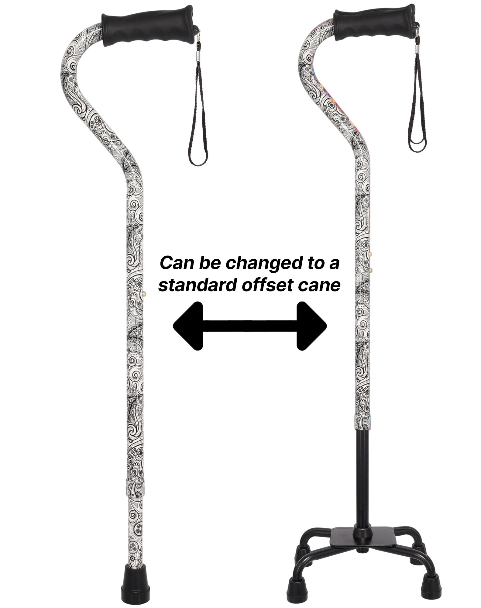 Black and White Convertible Quad Base Walking Cane with Comfort Grip - Adjustable Shaft