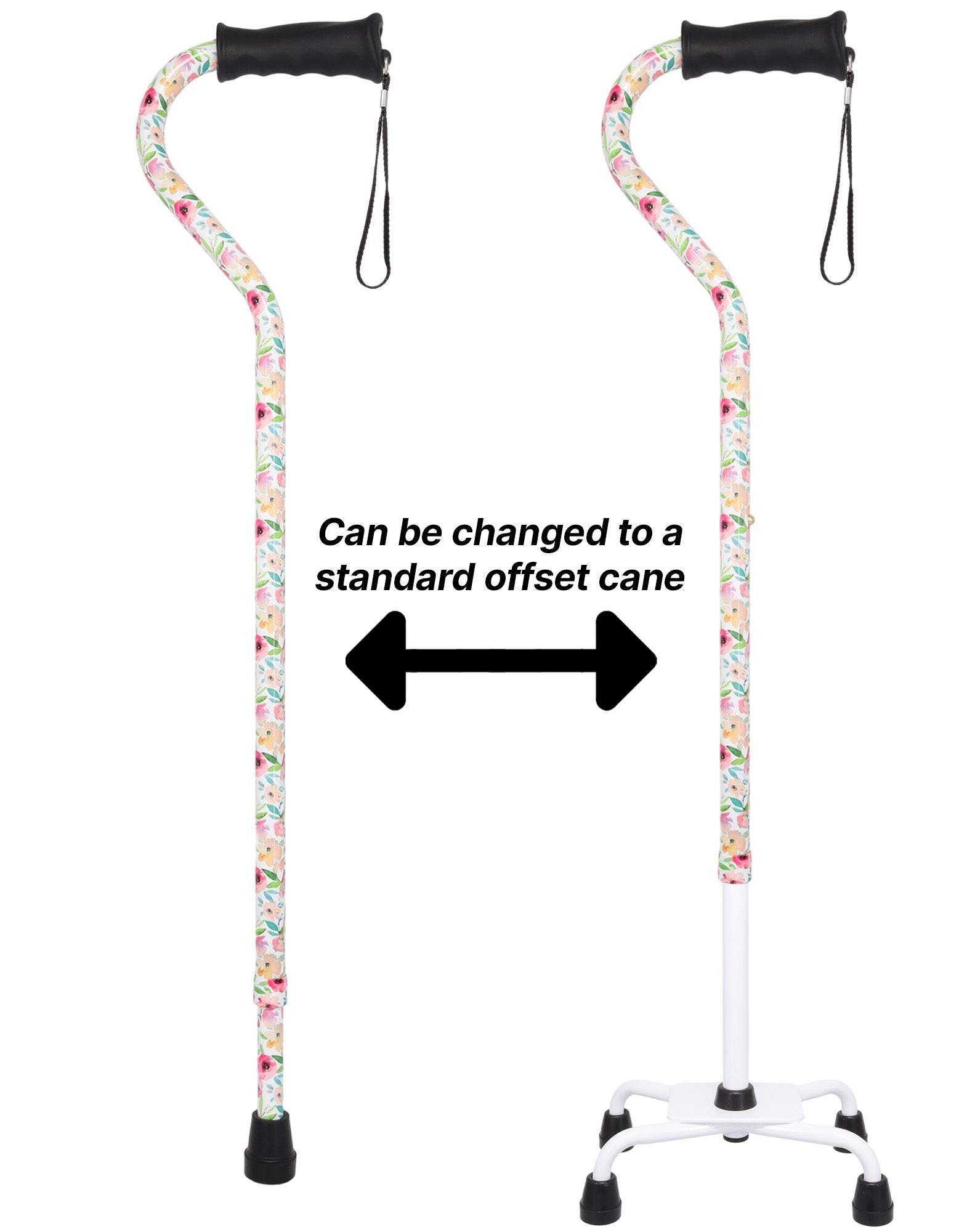 Watercolor Flowers Vivienne May Convertible Quad Base Walking Cane with Comfort Grip - Adjustable Sh
