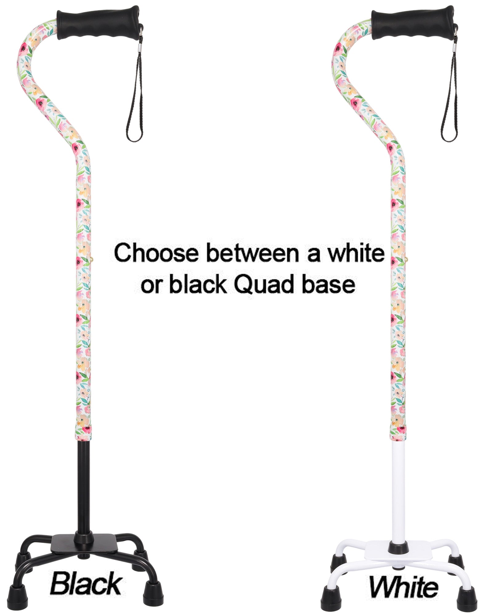 Watercolor Flowers Vivienne May Convertible Quad Base Walking Cane with Comfort Grip - Adjustable Sh