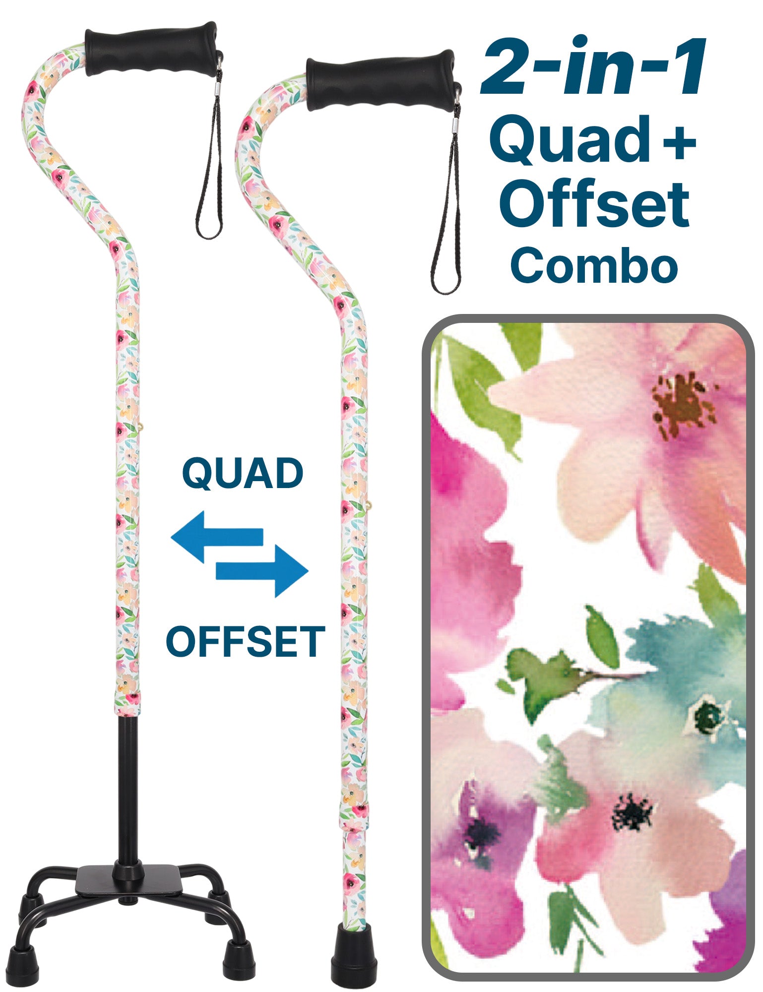 Watercolor Flowers Vivienne May Convertible Quad Base Walking Cane with Comfort Grip - Adjustable Sh