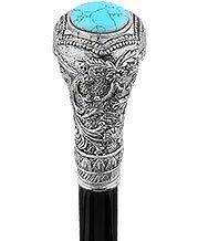 Royal Canes Silver 925r Knob Handle Walking Cane w/ Black Beechwood Shaft and Blue Stone Pillbox