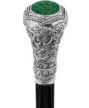 Royal Canes Silver 925r Knob Handle Walking Cane w/ Black Beechwood Shaft and Green Stone Pillbox