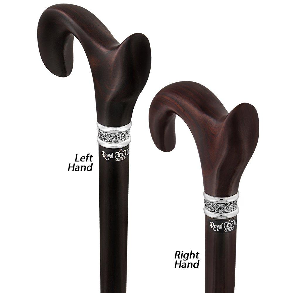 Royal Canes Cocobolo Ergonomic Handle Walking Cane With Ebony Shaft and Pewter Rose Collar