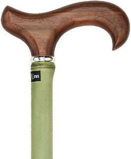 Royal Canes Walnut Stained Beechwood Derby Walking Cane With Green Bamboo Shaft and Silver Collar