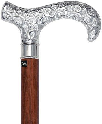 Royal Canes Extra Long, Super Strong Silver Plated Scrollwork Derby Walking Cane with Purpleheart Wood Shaft