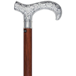 Royal Canes Extra Long, Super Strong Silver Plated Scrollwork Derby Walking Cane with Purpleheart Wood Shaft