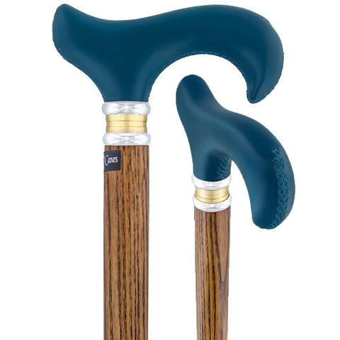 Royal Canes Blue Leather Derby Walking Cane With Espress Ash Stained Shaft and Collar