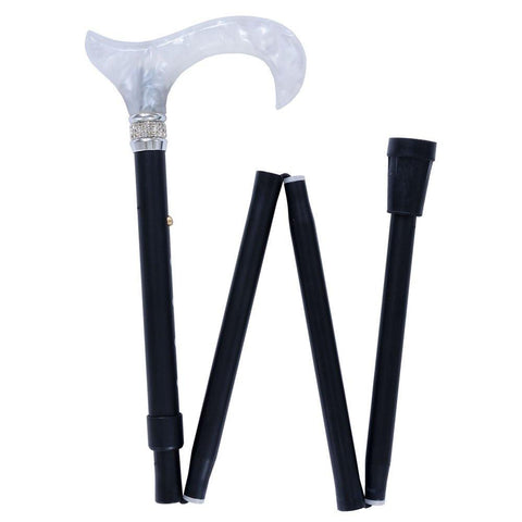 Royal Canes Black and White Pearlz with Rhinestone Collar and Black Designer Adjustable Folding Cane