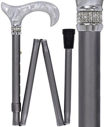 Royal Canes Platinum Pearlz w/ Rhinestone Collar and Silver Shaft Designer Adjustable Folding Cane