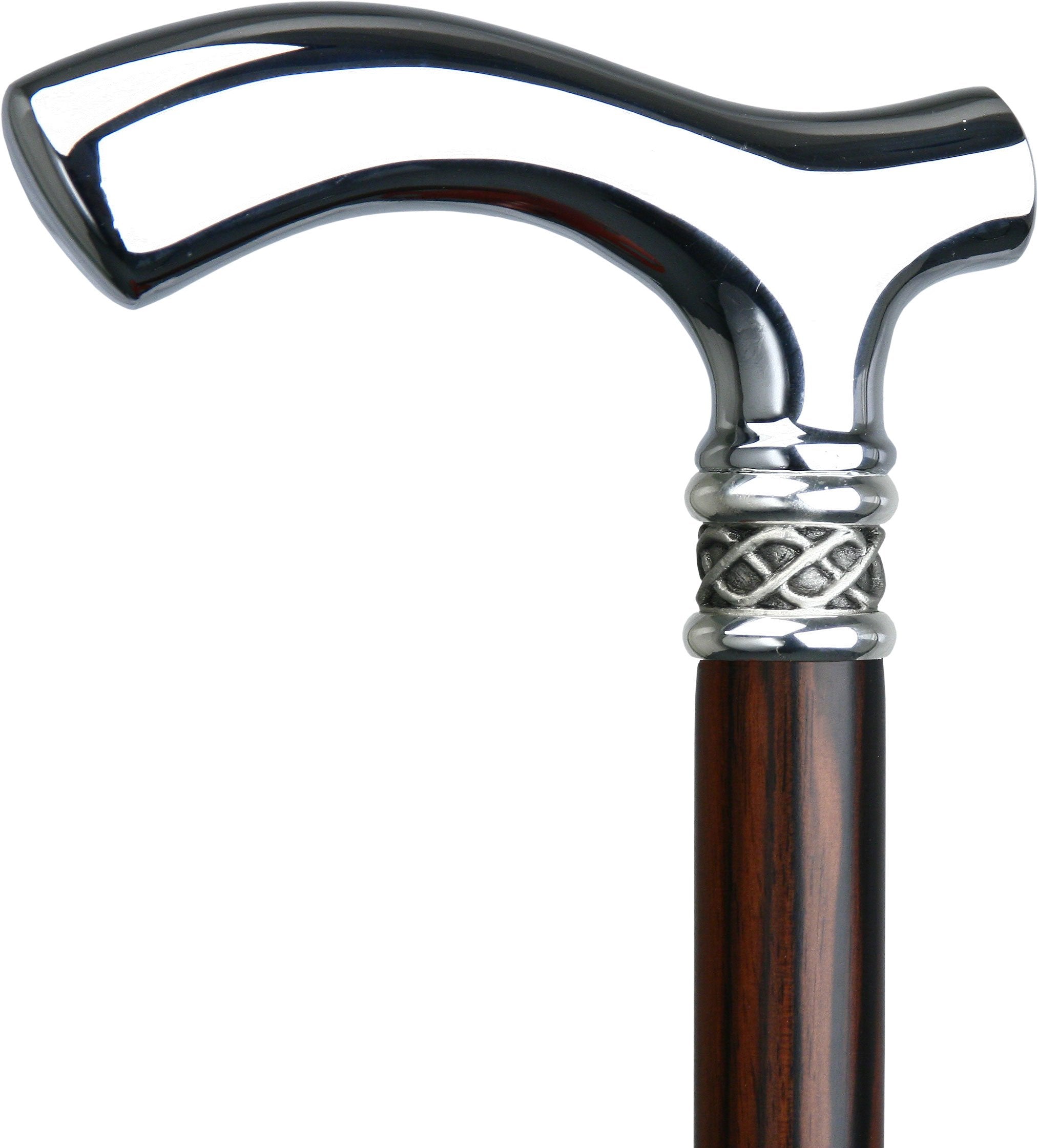 Scratch and Dent Ebony Slim Line Chrome Plated Fritz Walking Cane With  Ebony Shaft and Braided Pewter Collar V1215