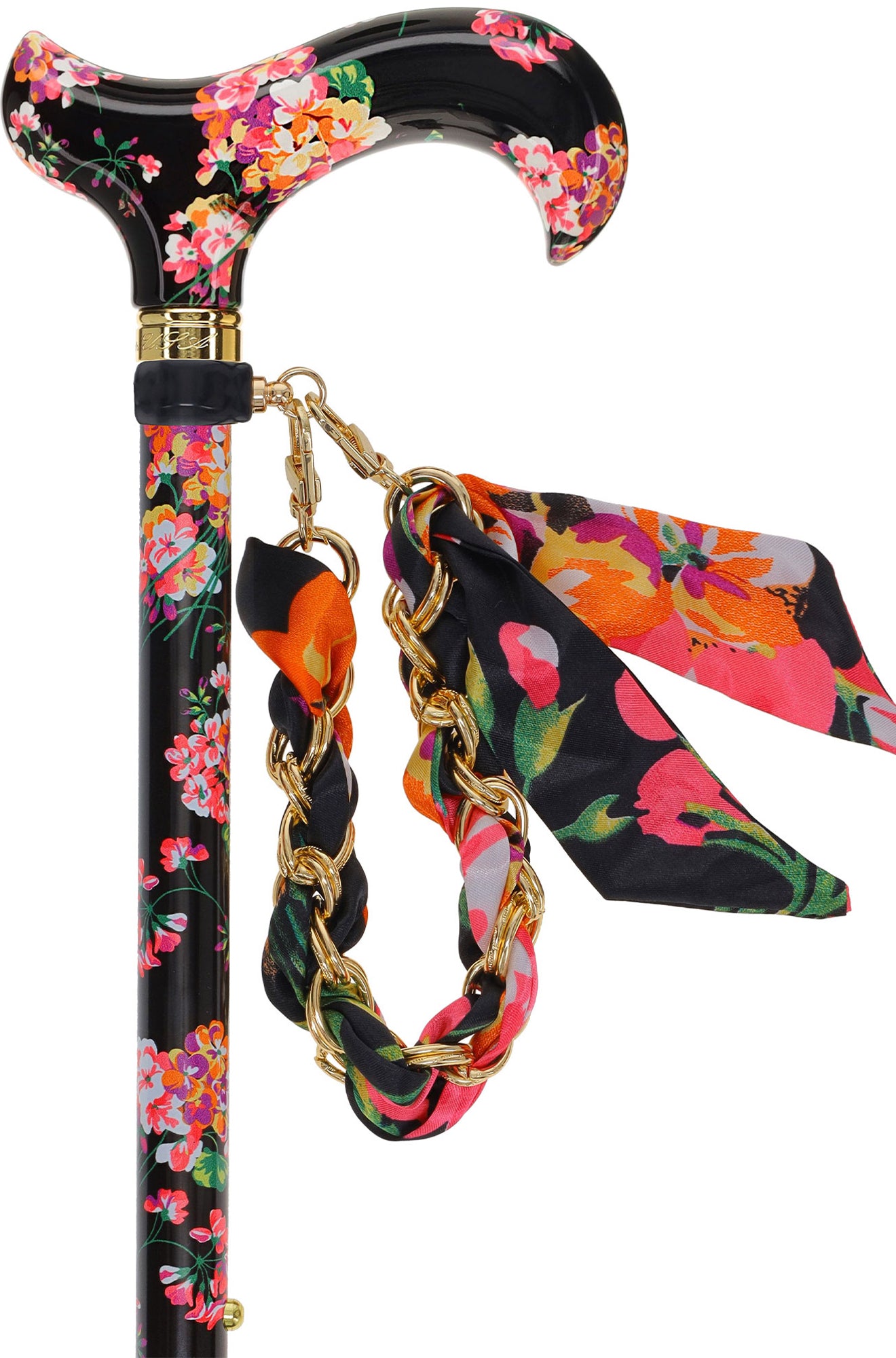Midnight Floral Designer Cane: Luxury Silk Scarf Option