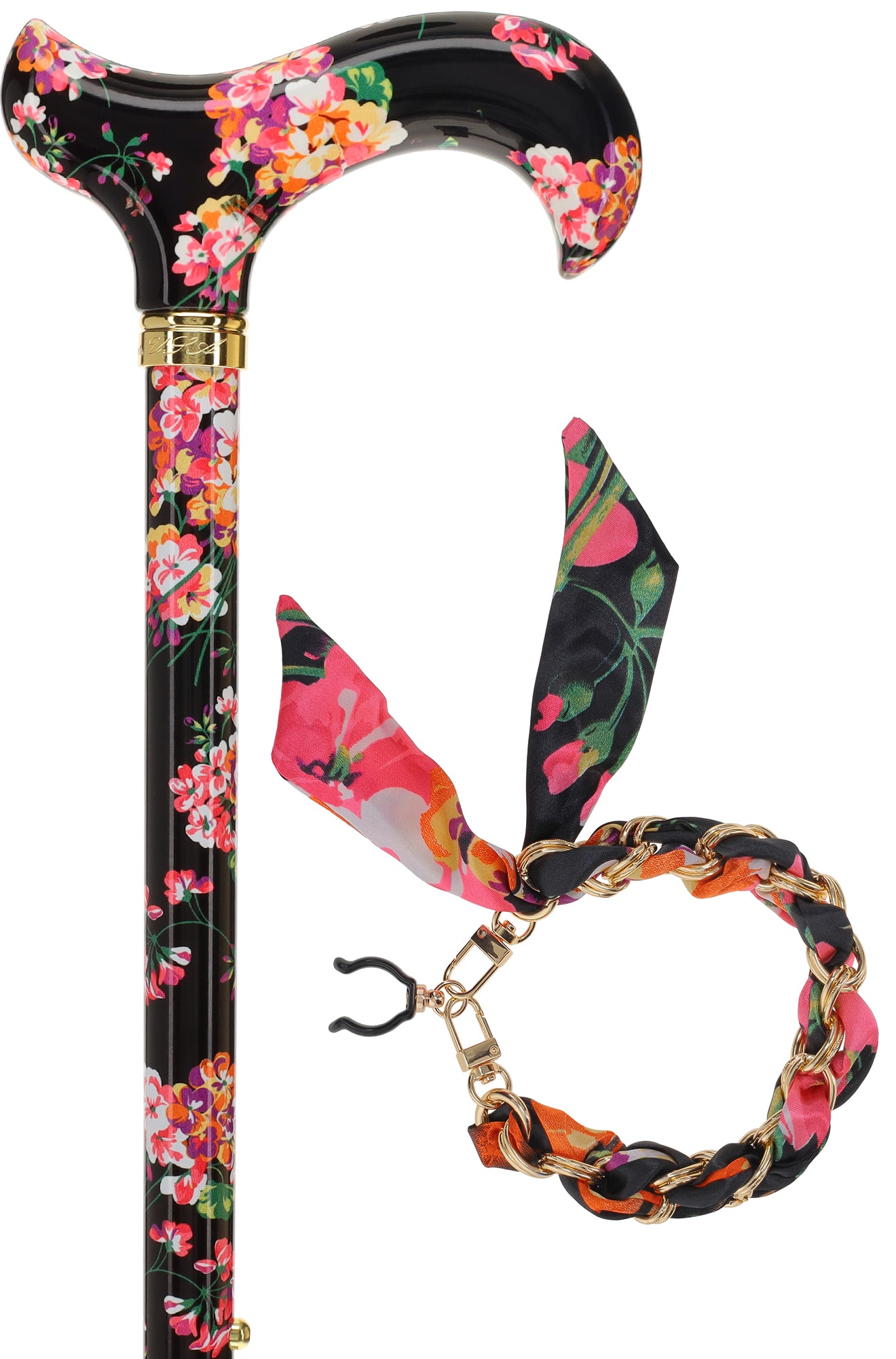 Midnight Floral Designer Cane: Luxury Silk Scarf Option