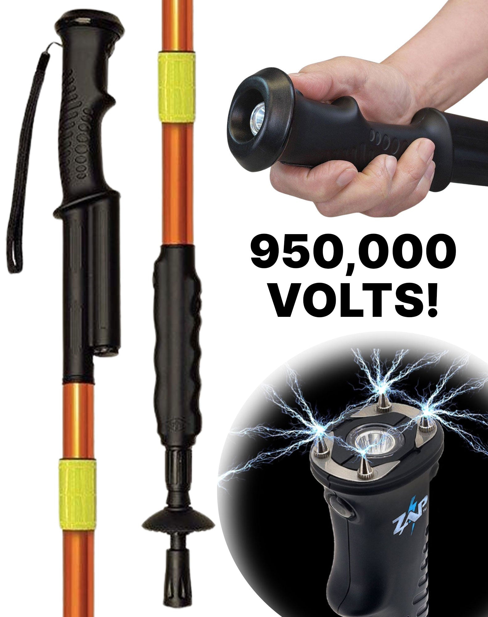 Zap Hike 'n' Strike Stun Gun in Orange with Flashlight Hiking Staff