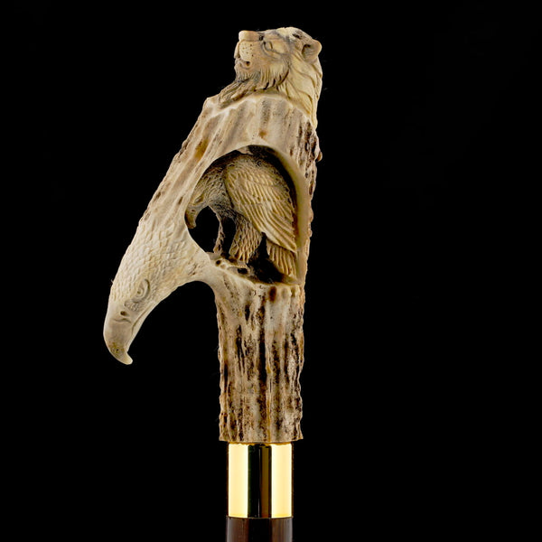 Carved Warriors Eagle/Lion Bone Handle Cane - Limited Supply