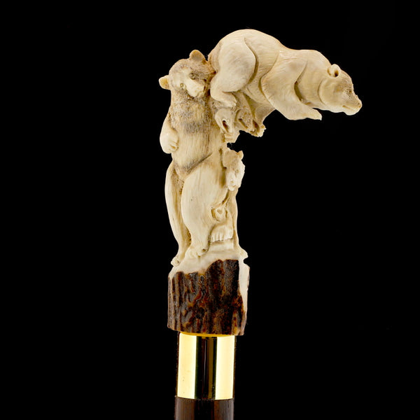 Bear Family Intricate Carved Bone Handle Collector Cane w/Custom Shaft and Collar