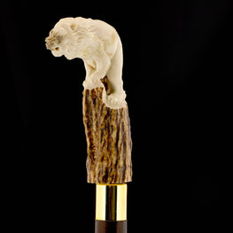 Luring Lion Handcarved Intricate Collector Bone Handle Cane w/Custom Shaft and Collar