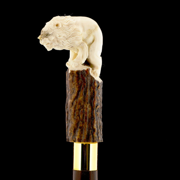 Luring Lion Intricate Handcarved Bone Handle Collector Cane w/Custom Shaft and Collar