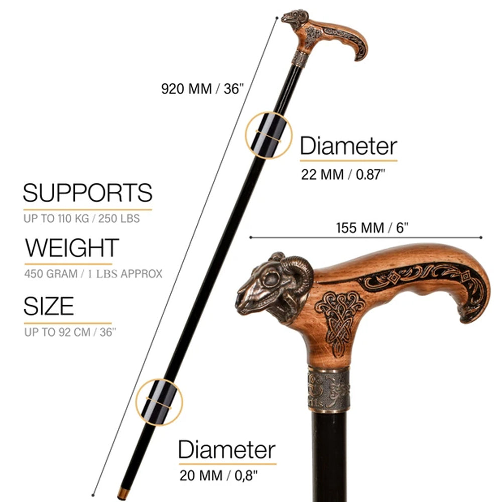 Ram Skull Casted Bronze: Artisan Intricate Detail Design Cane