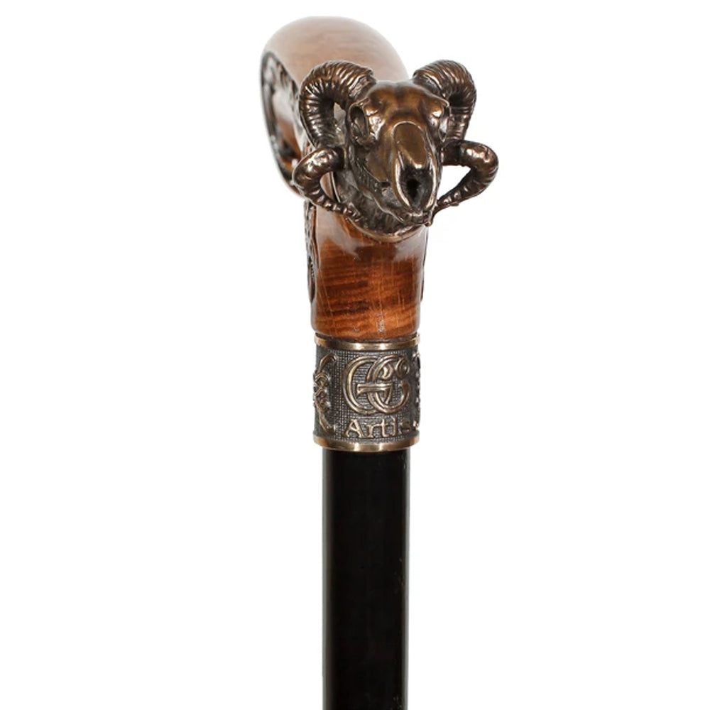 Ram Skull Casted Bronze: Artisan Intricate Detail Design Cane