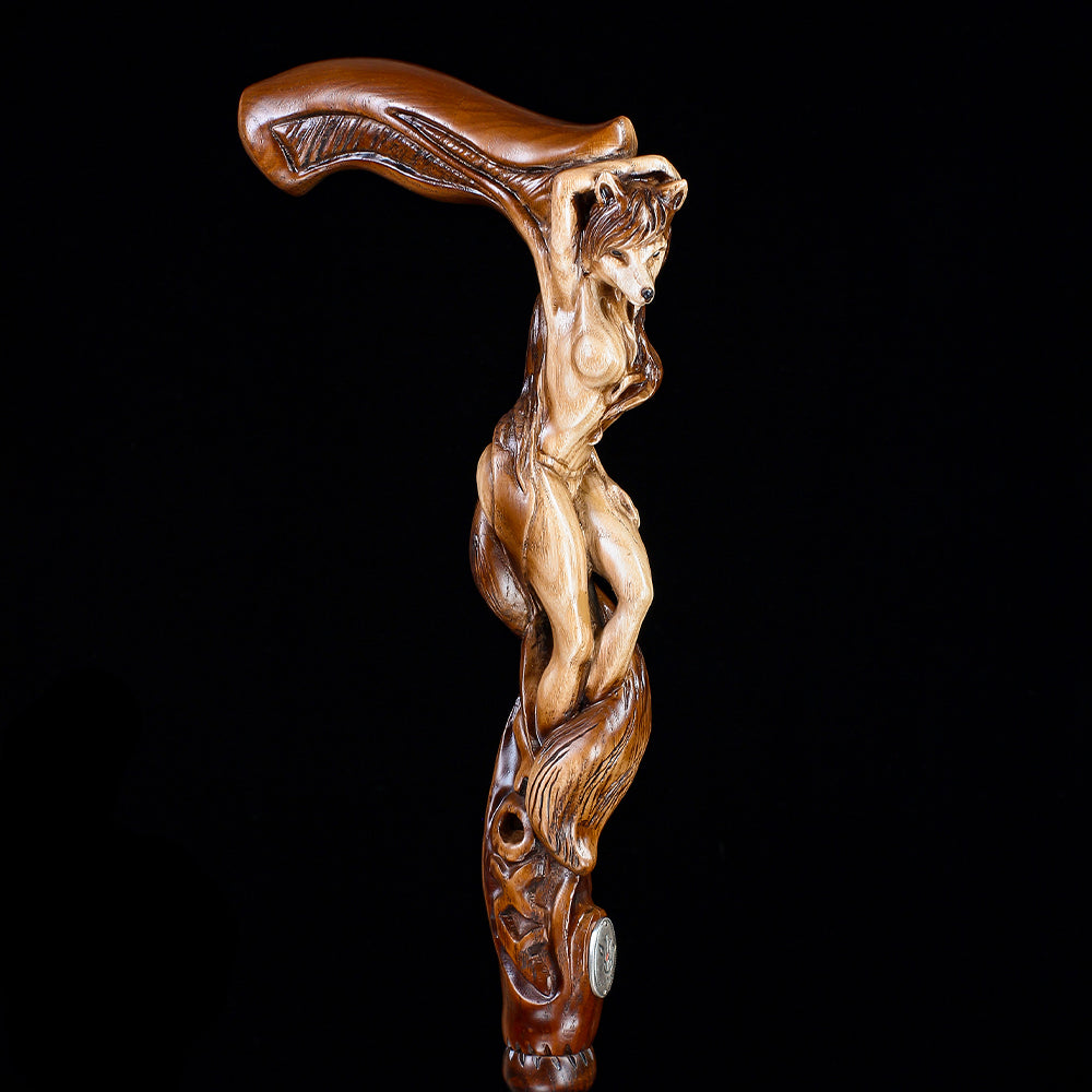 Foxy Girl: Artisan Intricate Detail Hand-Carved Cane