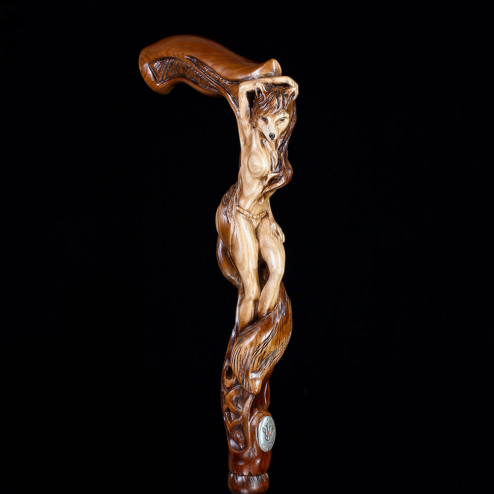 Foxy Girl: Artisan Intricate Detail Hand-Carved Cane