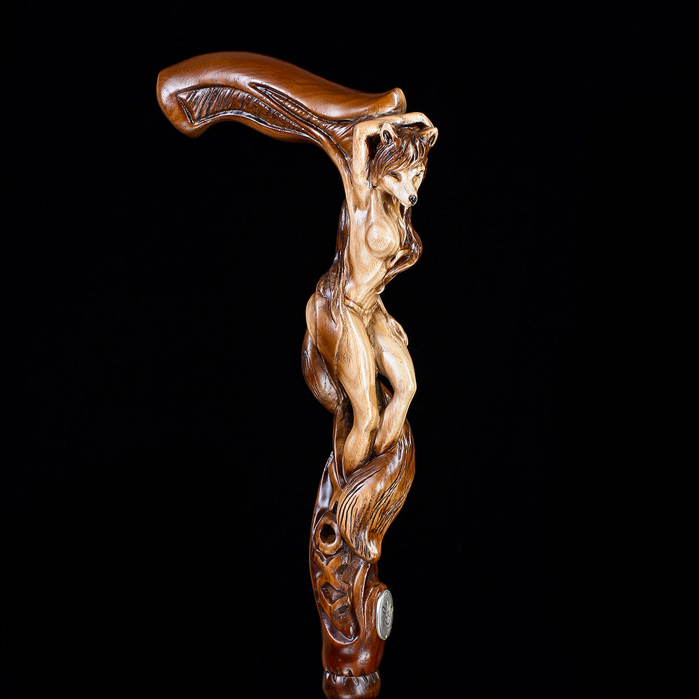 Foxy Girl: Artisan Intricate Detail Hand-Carved Cane